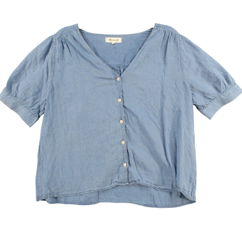 Madewell Womens V-Neck Short Sleeve Button Front Chambray Blouse Light Blue L